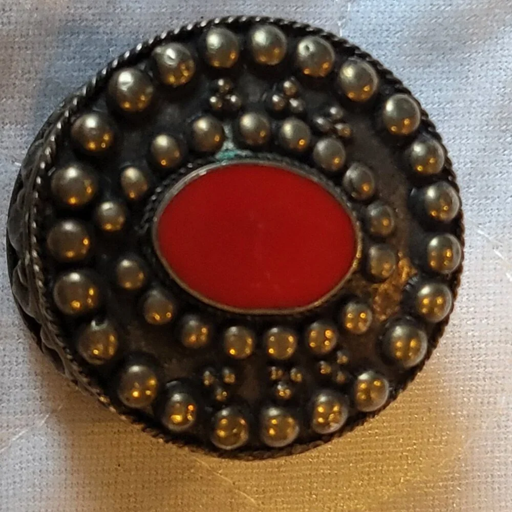Vintage Red Dot Gold Toned Blue Velvet Lined Case Lidded Miniature Pill Case